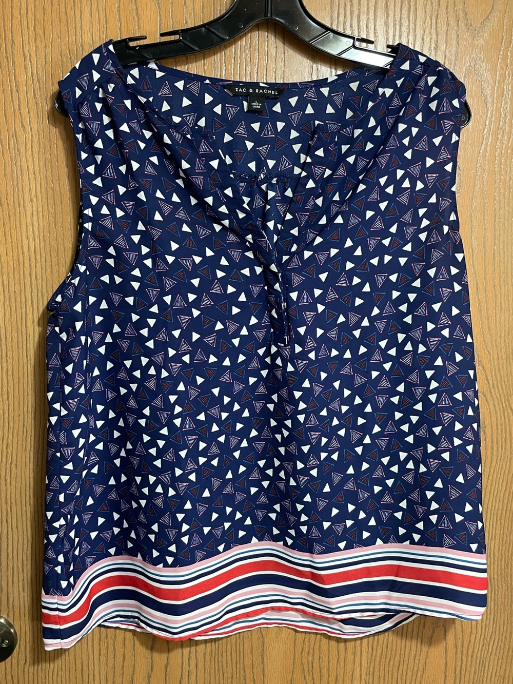 Zac & Rachel Top in Navy with Geometric Print and Striped Hem